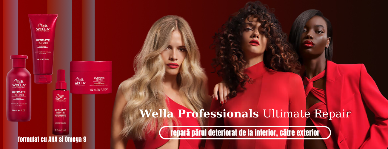 Un banner publicitar pentru gama de produse Wella Professionals Ultimate Repair, prezent&acirc;nd trei femei cu tipuri diferite de păr, &icirc;mbrăcate elegant &icirc;n roșu, alături de produsele de &icirc;ngrijire capilară - șampon, balsam, mască și tratament leave-in, toate &icirc;n ambalaje roșii. Textul subliniază ingredientele cheie, Acidul Alfa Hidroxilic (AHA) și Omega-9, pentru repararea părului de la interior către exterior.